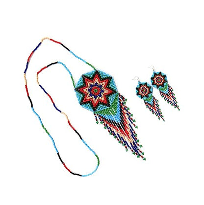 Handmade Native American Style Tribal ethnic Seed Bead Beaded Layered Medallion Necklace 4 - color: Skyblye Red & Green