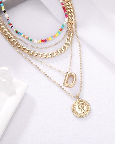 MJartoria Layered Necklaces for Women Trendy Balloon Initial Pendant Necklace Dainty Chunky Chain Beaded Choker Necklaces Jewelry Birthday Gifts - color: Gold, style: D