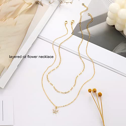 Tewiky Dainty 14k Gold Plated/Silver Cubic Zirconia Necklaces for Women, Simple CZ Jewelry Necklaces Trendy Gifts - color: Gold layered flower CZ