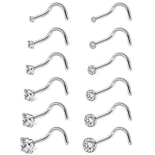 18G 1.5mm 2mm 2.5mm 3mm 3.5mm 4mm Round Diamond CZ Nose Screw Studs Rings Piercing Jewelry 4-12PCS - color: 12PCS - Silver