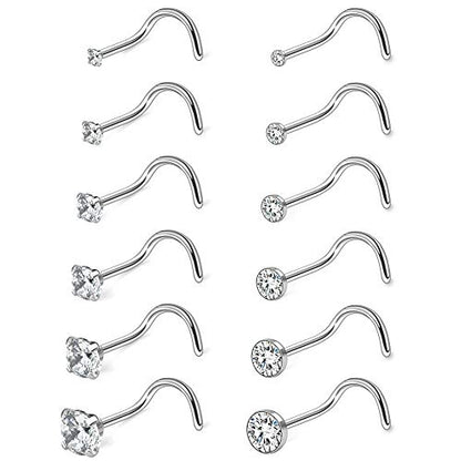18G 1.5mm 2mm 2.5mm 3mm 3.5mm 4mm Round Diamond CZ Nose Screw Studs Rings Piercing Jewelry 4-12PCS - color: 12PCS - Silver