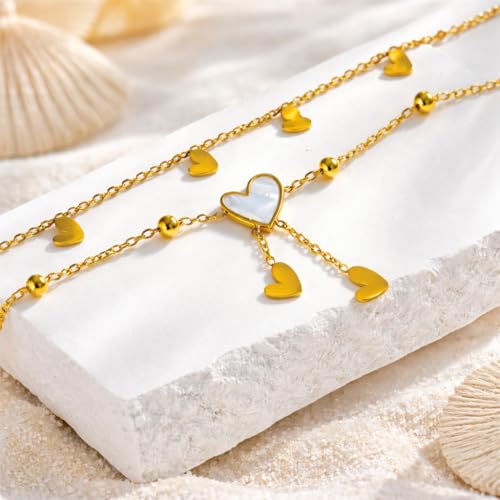 Gold Heart Anklet for Women, Layered Double Chain Ankle Bracelet, Dainty Heart Charm Anklet, Minimalist Beach Vacation Foot Jewelry