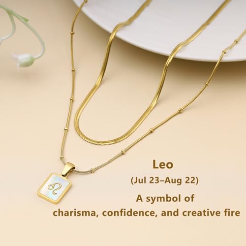 LETFLY Layered Zodiac Necklace for Women 18K Gold Natural Shell Pendant | Birthday Gifts for Women, Daily Wear, Hypoallergenic Material, Personalized Constellation Pendant, Adjustable, Snake Chain - style: Leo