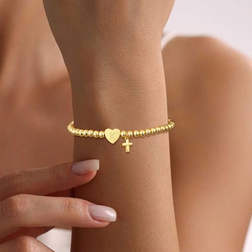 Initial Cross Gold Bracelets for Women Christian Beads Jewelry for Girls | 14K Gold Plated Letter Bracelet, Stretch Elastic Baptism Religion Christian Gifts for Women Teen - color: Gold-K