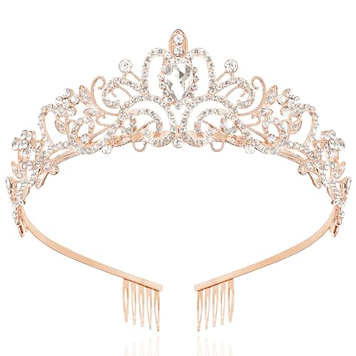 TAROSE Tiaras for Women, Birthday Crown and Sash for Girls | Birthday Sash Sunglasses Outfit, Birthday Gift for Women Girls, Goddess Crown Bride/Halloween/Prom/Party/Costume - color: 1 B. Rose Gold+white