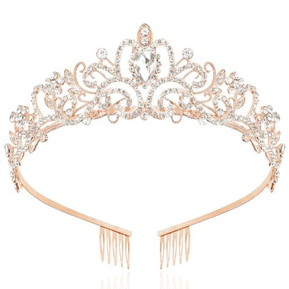 TAROSE Tiaras for Women, Birthday Crown and Sash for Girls | Birthday Sash Sunglasses Outfit, Birthday Gift for Women Girls, Goddess Crown Bride/Halloween/Prom/Party/Costume - color: 1 B. Rose Gold+white
