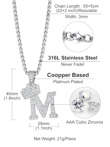 Richsteel Silver Crown Initial A-Z Letter Pendant Necklace for Men Women | Cubic Zirconia Monogram, 316L Steel Chain, 22" + 2" Extender,Hypoallergenic,Gift Box, Hip Hop Jewelry - style: M
