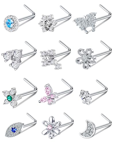 Akeoqi 12Pcs Nose Rings Stud L Shape Nose Rings Cubic Zirconia Butterfly Flower Eye Moon Crown Heart Lightning Shape Nose Studs Piercing Jewelry for Women Men Silver Gold Plated 20G - style: B:Eye