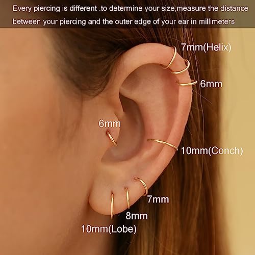 Small Gold Hoop Earrings, Lightweight 14K Gold Plated Huggie Hoop Earrings for Cartilage Helix Tragus, Hypoallergenic Earrings for Women Men, Tiny Thin Hoops Surgical Steel Endless Hoops Earrings 6-10 mm - color: 6/7/8/9/10mm Hoop Gold-18g
