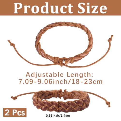 2PCS Adjustable Cowhide Woven Rope Bracelets for Men Women Punk Braided Genuine Leather Wrap Wristband Rustic Wrist Band Cuff Bracelet for Daily Wear Costume Party Gift(Brown) - color: Brown