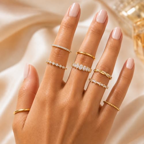 KISS WIFE 8 Pcs 14K Gold Plated Stackable Rings Set for Women, Dainty Sparkling Cubic Zirconia Statement Rings, Non Tarnish Engagement Wedding Bands, Minimalist Daily Wear Finger Jewelry, Ideal Gift