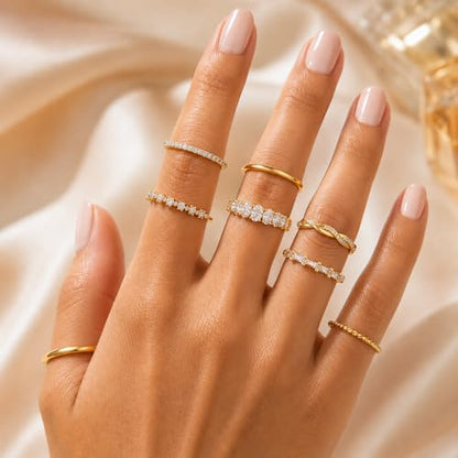KISS WIFE 8 Pcs 14K Gold Plated Stackable Rings Set for Women, Dainty Sparkling Cubic Zirconia Statement Rings, Non Tarnish Engagement Wedding Bands, Minimalist Daily Wear Finger Jewelry, Ideal Gift