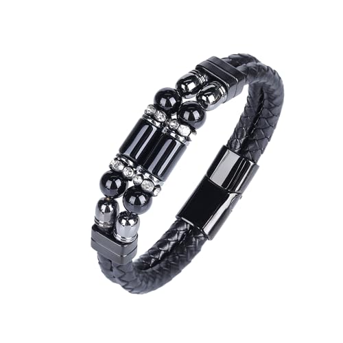 Mens Leather Turquoise/Tiger Eye/Obsidian/Lava Stone Bracelet–Braided Multi‑Layer Wristband Cuff Bangle Barcelet–Jewelry Box and Pouch Packing - color: Obsidian Stone, size: 8.3in(Fits most wrists)