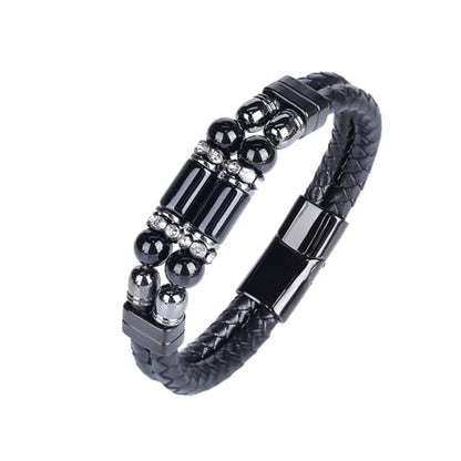 Mens Leather Turquoise/Tiger Eye/Obsidian/Lava Stone Bracelet–Braided Multi‑Layer Wristband Cuff Bangle Barcelet–Jewelry Box and Pouch Packing - color: Obsidian Stone, size: 8.3in(Fits most wrists)