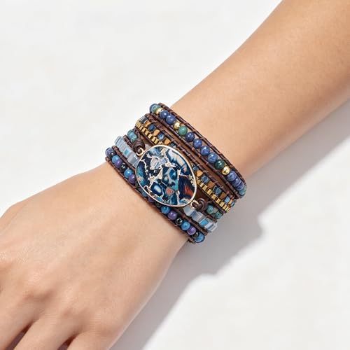 Plumiss Women Boho Handmade Natural Stone Crystal Leather Bead Wrap Bracelets Collection - style: Blue Gold Jasper