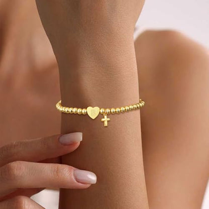 Initial Cross Gold Bracelets for Women Christian Beads Jewelry for Girls | 14K Gold Plated Letter Bracelet, Stretch Elastic Baptism Religion Christian Gifts for Women Teen - color: Gold-Y