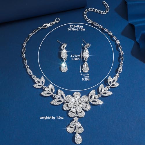Wedding Jewelry Sets for Brides Rhinestone Necklace and Earring Set Bracelet Ring Gold Silver Prom Jewelry Sets Diamond Flower Teardrop Necklace for Women - color: Style3-Clear&Silver-2pcs