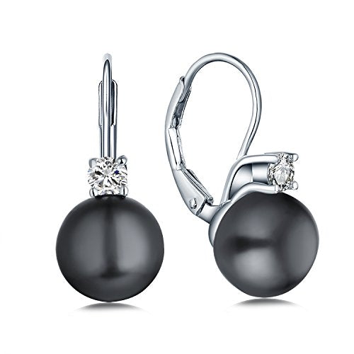 JO WISDOM 925 Sterling Silver Cubic Zirconia Freshwater Cultured Pearl Drop & Dangle Leverback Earrings - color: 10mm-black