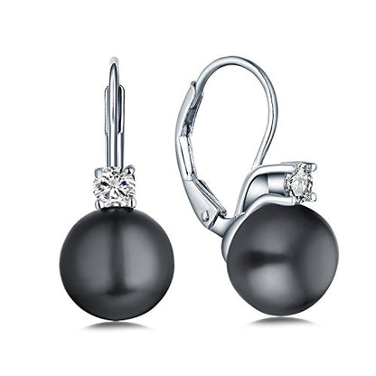 JO WISDOM 925 Sterling Silver Cubic Zirconia Freshwater Cultured Pearl Drop & Dangle Leverback Earrings - color: 10mm-black