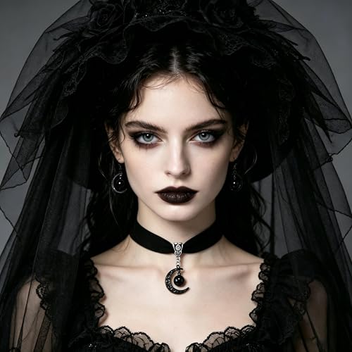 ONLYJUMP Gothic Witch Moon Earrings Necklace Set for Women Goth Black Velvet Moon Choker Necklace Moon Zirconia Dangle Drop Earrings Dark Halloween Witch Vampire Jewelry - color: Black