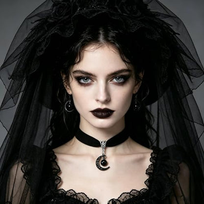 ONLYJUMP Gothic Witch Moon Earrings Necklace Set for Women Goth Black Velvet Moon Choker Necklace Moon Zirconia Dangle Drop Earrings Dark Halloween Witch Vampire Jewelry - color: Black