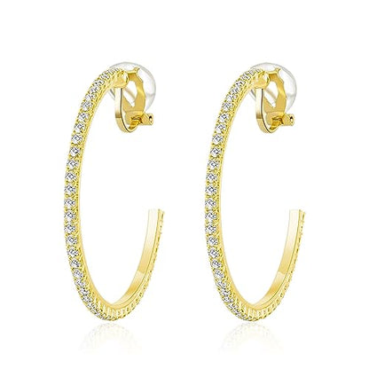 YOQUCOL 4.3CM(1.7in) Clip On Hoop Earrings Cubic Zirconia Non Pierced Ears Hoops for Women - color: Gold
