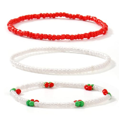 Dainty Gold Plated Tiny Ball Colorful Beaded Stack Bracelets Sets for Women,3Pcs Stackable Cute Bracelet Stretch Trendy Ball Jewelry Friendship Gift - color: red