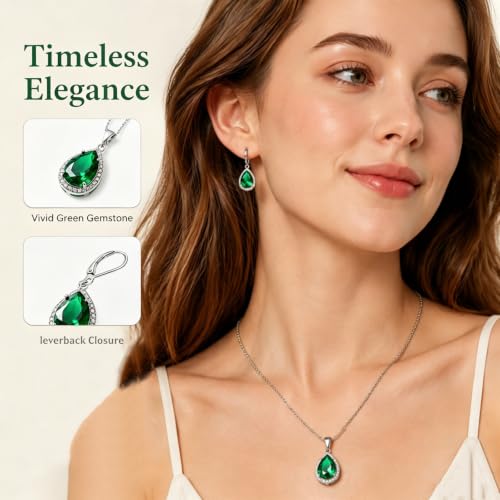 VONSSY Classic Oval Pendant Gemstone Necklace | Crystal Ruby Sapphire Waterdrop Birthstone Teardrop Emerald Necklace | 18K Platinum Gold Plated Chain | Jewelry Gift for Mother Wife Girlfriend - color: NL & ER - Green
