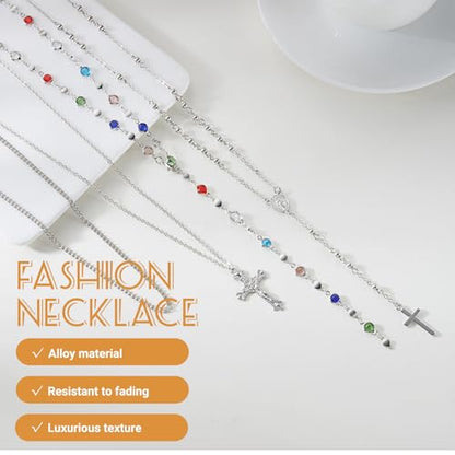 Layered Cross Necklace Set for Women, Layered Choker Necklaces Trendy Jewelry, Colorful Enamel Beaded Y-Shaped Lariat Necklace, Boho Multilayer Cross Necklace for Party and Daily Wear - color: Silver-02