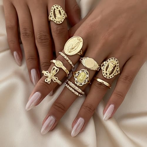 Chunky Gold Rings for Women Non Tarnish, Baroque Pearl Flower Tiger's Eye Stone Rings Adjustable Stacking Statement Rings Set Fashion Jewelry Gifts - style: Cross_religious