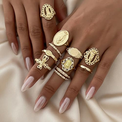 Chunky Gold Rings for Women Non Tarnish, Baroque Pearl Flower Tiger's Eye Stone Rings Adjustable Stacking Statement Rings Set Fashion Jewelry Gifts - style: Cross_religious