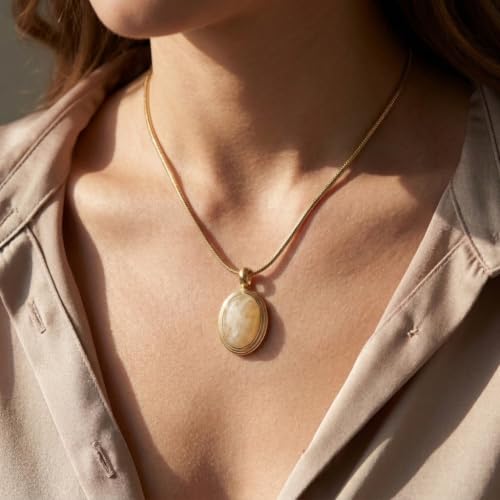 Sonateomber Gold Stone Pendant Necklace for Women, Chunky Statement Dainty Heart Oval Natural Gemstone Dangle Necklaces Wedding Prom Accessories Fashion Jewelry Gift - color: White