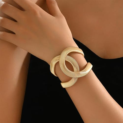 CJIAYUJEW Chunky Gold Cuff Bracelets for Women Exaggerated Geometric Leaf Open Wide Bracelets Trendy Retro Adjustable Party Jewelry Accessaries - color: spring hollow