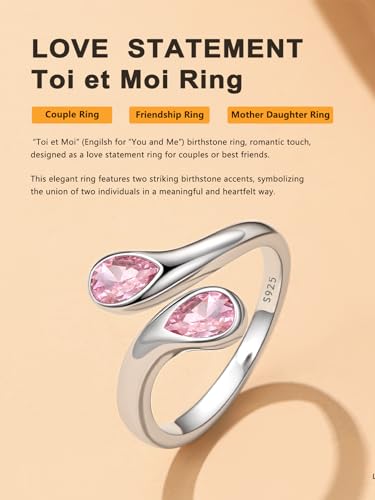 Bestyle Silver Birthstone Ring for Women, Dainty Sterling Silver Teardrop Ring Open Adjustable Band Ring, Love Statement TOI et Moi Ring Promise Ring for Her - color: 10.October (Pink Tourmaline)