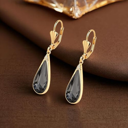 Teardrop Austrian Crystal Leverback Dangle Drop Earrings for Women | 14K Gold Plated,Classic Teardrop Elegance,Leverback for Easy Secure Wear,Gift Box Included, Brighten Up Daily and Party Looks - color: Black