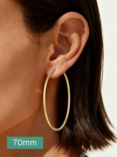 ChicSilver 925 Sterling Silver Hoop Earrings for Women Hypoallergenic, Lightweight Large Gold Plated Silver Hoop Earrings, Endless Hoops Earring 20/30/40/50/60/70MM - color: A. High Polished Gold, size: 70mm