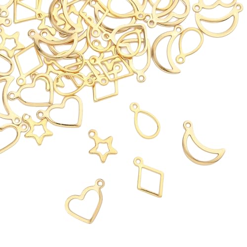 8-64Pcs Silver Goldern Color Heart Pendants Charms 10 Styles Heart Stainless Steel Metal Charms for Jewelry Making Crafting Necklaces Bracelets Earrings Keychains Birthday Gift - color: Golden 5 Shapes-60 pcs