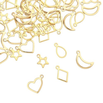 8-64Pcs Silver Goldern Color Heart Pendants Charms 10 Styles Heart Stainless Steel Metal Charms for Jewelry Making Crafting Necklaces Bracelets Earrings Keychains Birthday Gift - color: Golden 5 Shapes-60 pcs