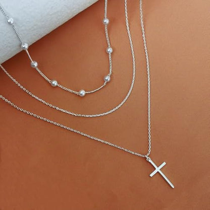 Airmb Cross Necklace for Women Gold/Silver Plated Layered Dainty Cross Chain Trendy Choker Satellite Charm Small Crucifix Pendant Gold/Silver Necklace Stackable Hypoallergenic Delicate Gift for Women - color: Silver-3PCS Cross