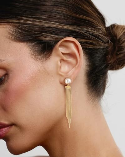 Robaice 14K Gold Plated Dangle Earrings for Women, Long Drop Earrings | Dainty Tassel Earrings Trendy, Hypoallergenic Dangling Lip Block Snake Chain, Threader Earrings for Women, Jewelry Gifts - color: Gold 1