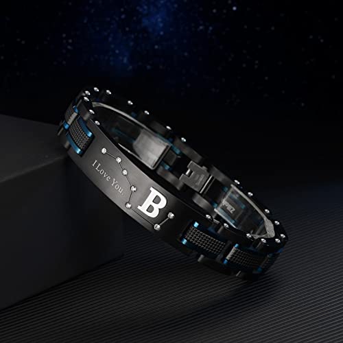 Men's Bracelet, Black and Blue Ion Stainless Steel, Initial Curved Plate, Gift for Boyfriend, Husband, Father, Comes with Gift Box - color: blue-blackB