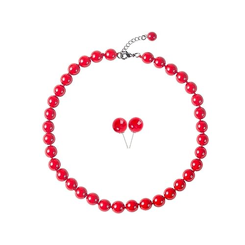 Red Hand Knotted Faux Pearl Jewelry Set for Women, Necklace Earrings | Glass Material, Gift, Party - style: 8MM 14.5inch Red