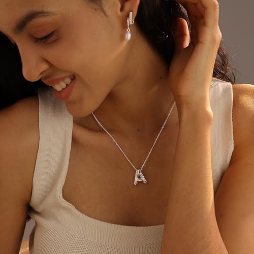Ewrkbrㅤ Initial Necklaces for Women, 14k Gold Plated Bubble Letter Necklace Chunky Gold Necklace Dainty Charm Initial Necklaces for Women Trendy Custom Preppy Stocking Stuff Necklace Christmas Gifts - color: Silver, style: L