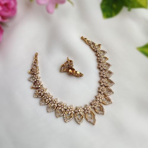 Antique Gold Plated Temple Jewellery Necklace Set with Earrings for Women, Traditional Indian Bridal Necklace Set, South Indian Choker Haram Style Jewellery Set, Ethnic Wedding Party Wear Necklace Set for Women - color: AD-Neck-177