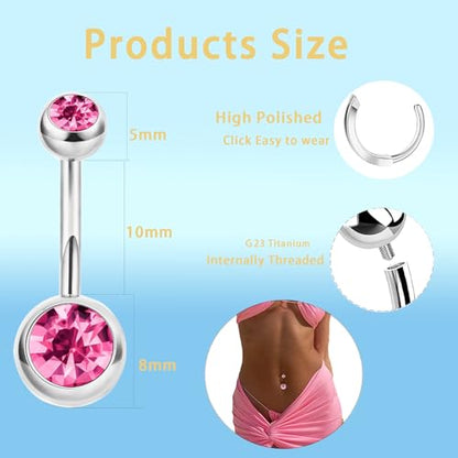 TIANCI FBYJS 3pcs G23 Titanium Pink Belly Button Rings Internally Threaded 10mm Clicker Reverse Curved Hoop Navel Barbell Piercing Jewelry CZ Belly Rings for Women Men - color: silver