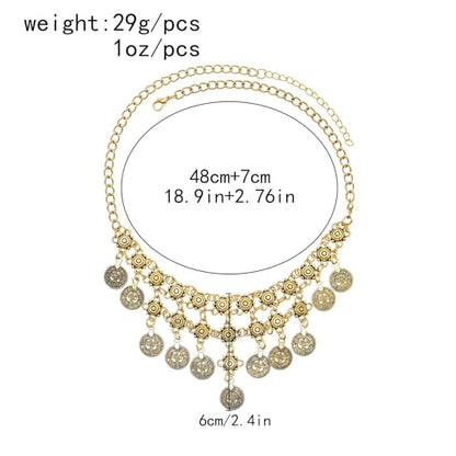 Boho Coin Charm Necklace for Women Layered Gold Coin Beaded Pendant Necklace Pirate Necklace Chunky Coins Tassel Ethnic Gypsy Costume Accessories - style: B