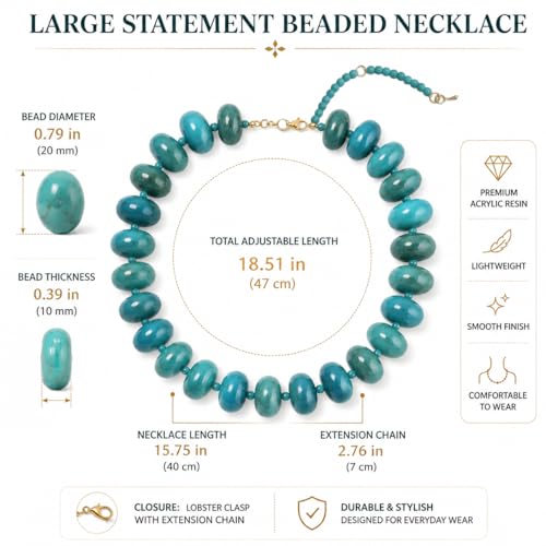 Chunky Acrylic Beaded Necklace for Women, Boho Oversized Disc Fake Turquoise Resin Bead Chain Statement Choker Lightweight Adjustable Summer Beach Jewelry Gift - color: Oversize Disc Blue