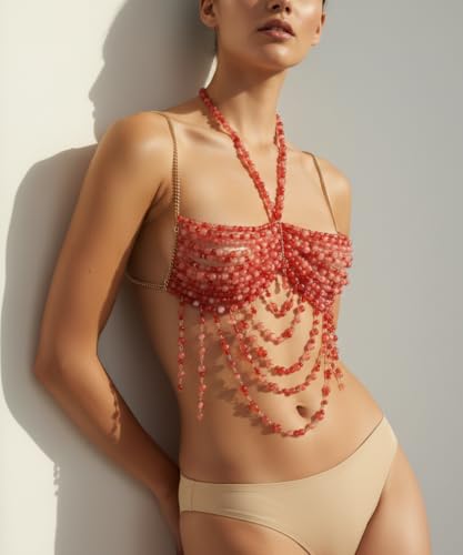Red Beaded Bra, Body Chain Jewelry, Festival/Burlesque Costume