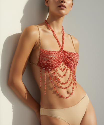 Red Beaded Bra, Body Chain Jewelry, Festival/Burlesque Costume