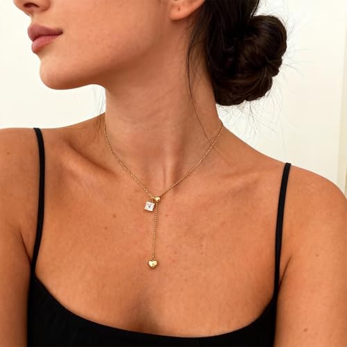Lariat Necklaces for Women, Dainty Minimalist Knotted Rope Design Pendant Long Y Necklaces 18k Gold Plated Trendy Chain Jewelry - color: Gold, style: Square CZ and Heart